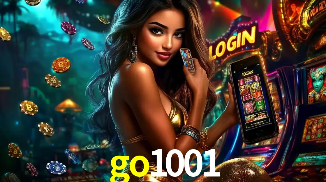 Mulher em um cenário de cassino temático de aventura, mostrando o app de caça-níqueis da go1001 no celular. Fichas de apostas flutuam ao redor.